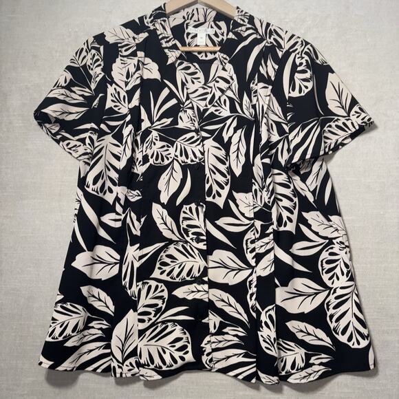 Dana Buchman Womens Short Sleeve Button Top XL Black Beige Leaf Pattern Flowy - Picture 1 of 7